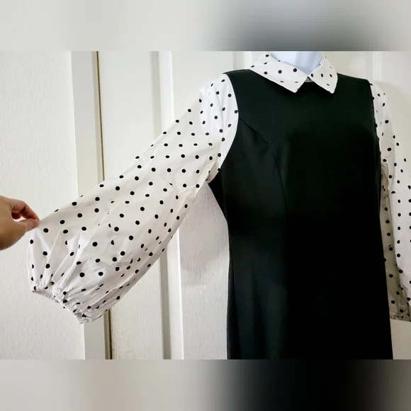 New York & Co | Black/White Polka Dot Puff Sleeve Midi Sheath Dress (SIZE M) - Picture 8 of 13